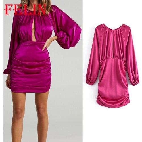 Za 2021 Satin Sexy Pleated Mini Party Dress Women Long Puff Sleeve Drapped Hollow Out Dress Fashion Autumn Evening Dress Vestido