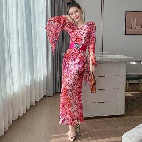 Fashion Summer Korean Vintage Flying Sleeve Maxi Party Dress Ladies Elegant Robe Casual V-Neck Print Sashes Beach Vacation Dress