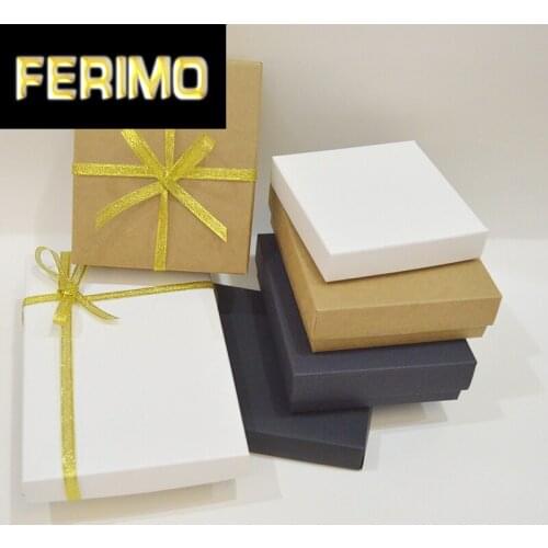 10pcs Paper Box With Ribbon White Kraft Black Gift Box With Lid Wedding Favor Cookies Box Candy Box For Mothers / Fathers Day