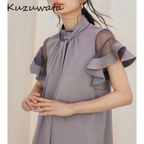 Kuzuwata Stand Collar Gauze Patchwork Butterfly Sleeve Solid Blouses Japanese Temperament Shirts 2021 Summer New Women Blusas