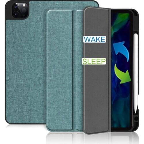 Cloth Texture Cover For iPad Pro 11 2020 with Pencil Holder PU Leather Soft TPU Flip Stand Back Cover with auto sleep/wake