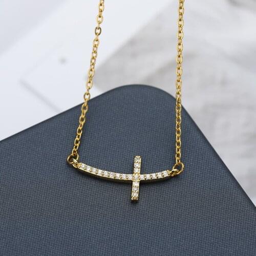 Tiny Gold Cross Pendant Necklace For Women Men Cubic Zirconia Curved Sideways Cross Necklace Religious Jewelry Charm Collier