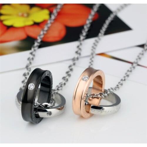 Hot Luxury Fine Stainless Steel Zircon Black Rose Gold Color Couple Pendant Necklace Charm Necklaces Jewelry Gift for Women Men