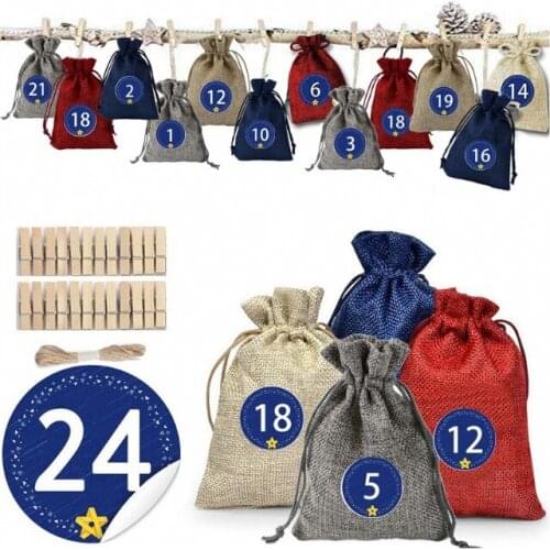 24 Pcs Linen Burlap Bag Colorful DIY Gift Bags with Stickers Christmas Storage Bag Burlap Hanging Jute Drawstring 10x14CM