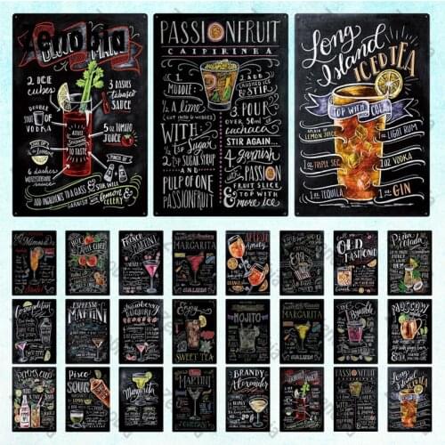 Retro Metal Tin Signs Mojito Passi Nfruit Ice Tea Cocktail Drinking Menu Plaque for Pub Bar Wall Art Stickers Wall Decoration
