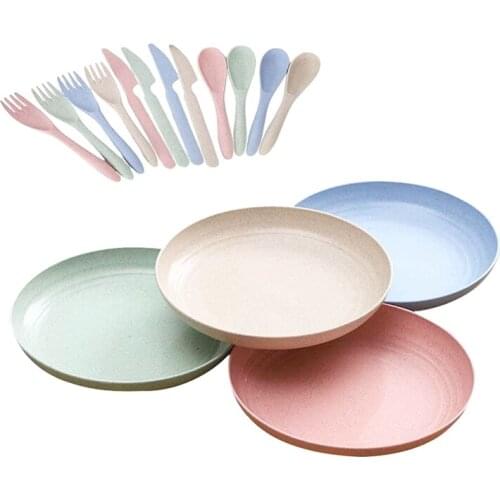 4 Pack Wheat Straw Plates Sets,Dinner Dishes Lightweight Reusable(with Knife Fork Spoon),for Kids,Toddler & Adult