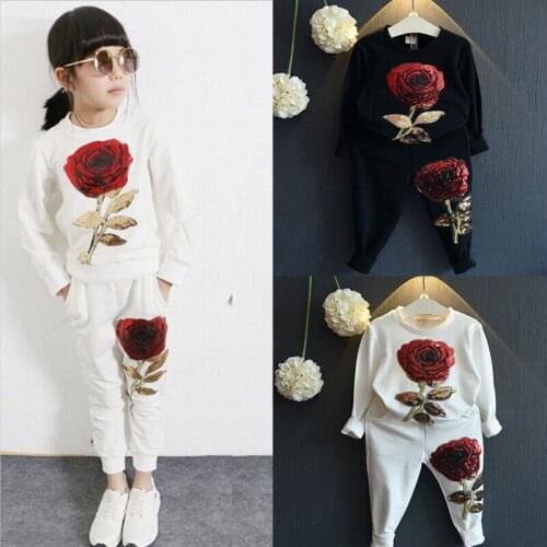 New Brand Toddler Infant Kids 2PCS Girls Sequins Rose Outfits Clothes T-Shirt+Long Pants Set Tracksuit Casual Set 2-7Y