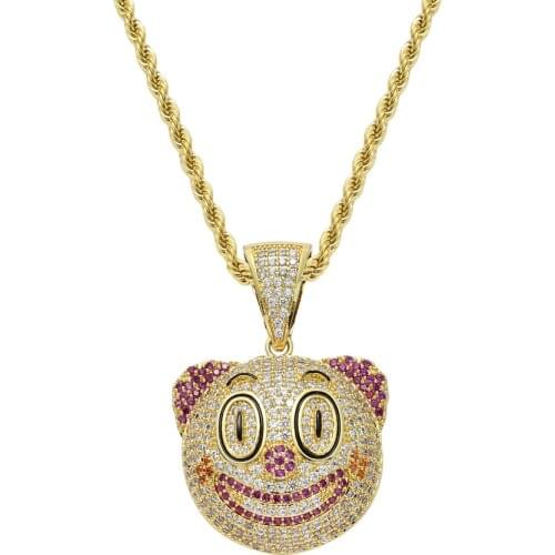Clown Round Face Pendant Necklace Gold Silver Color Charm Copper inlay Cubic Zirconia Men Women Hip hop Rock Jewelry