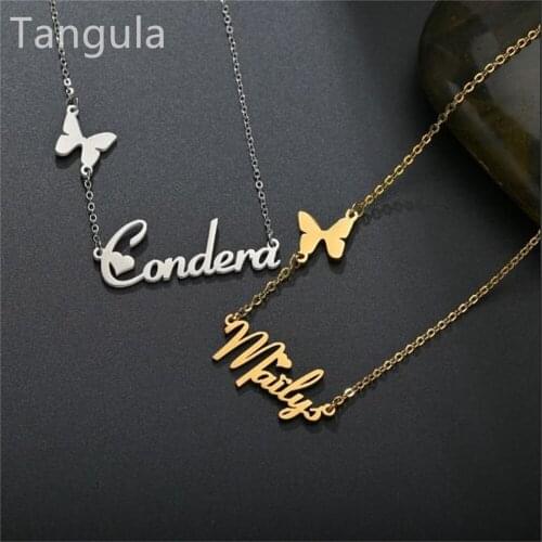 Tangula Custom Name Necklace Stainless Steel Nameplate Butterfly Pendant Personality Letter Ladies Fashion Jewelry Couple Gift
