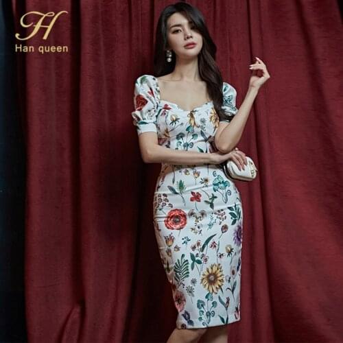 H Han Queen Elegant Slim Flower Print Pencil Dress Womens Puff Sleeve Office Wear Dresses Simple Party Sheath Bodycon Vestidos