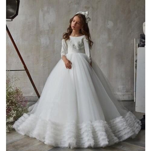 Princess First Communion Dress Applique Beading Scoop Neck Girls Pageant Gown Long Sleeve Flower Girl Dress