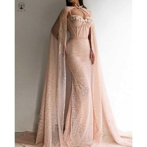 Best Selling Coral Spaghetti Strap Bling Bling 3D Flowers Mermaid Prom Dresses with Cape 2020