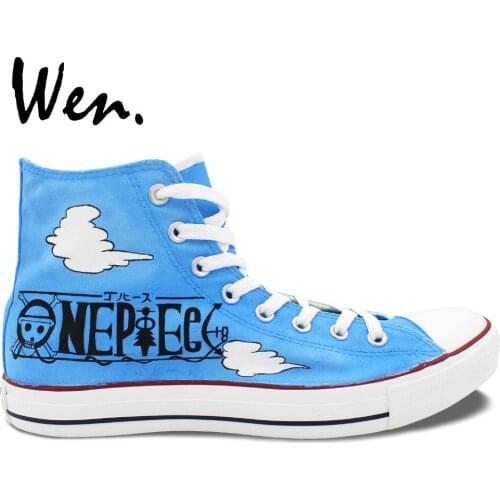 Wen Blue Hand Painted Canvas Shoes One Piece Luffy Laughs Anime Men Womens High Top Canvas Sneakers