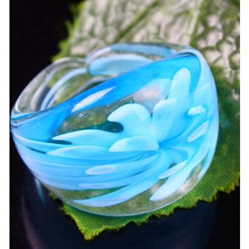 Light Blue Liuli Glass Flower Ring Transparent Finger Ring For Women Jewelry Summer Fashion Gift