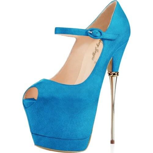 16cm Platform High Heels Mary Janes Metal Pumps Ankle Strap Stilettos Dancing Pole Pink Blue Prom Peep-Toe Shoes Women Size 16