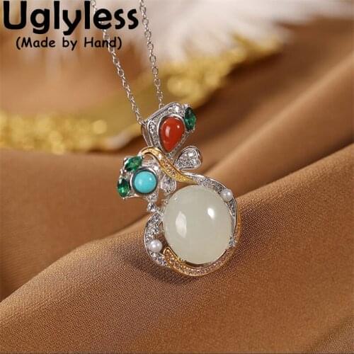 Uglyless Irregular Multi Gemstones Necklaces for Women Natural Agate Jade Turquoise Pendants 925 Silver Fashion Jewelry NO Chain