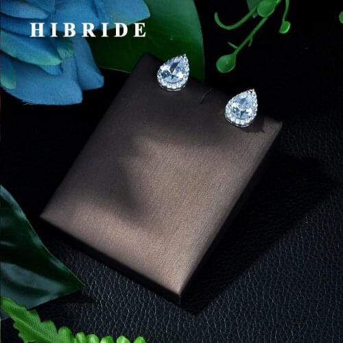 HIBRIDE Brand Water Drop Shape Stud Earrings ,Gold-Color Charm CZ Stone Pave Stud Earrings For women E-02