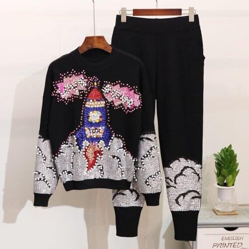 2020 Autumn Winter Floral Tracksuit Woman 2 Piece Set Sequins Beaded Long Sleeve Sweater + Knitted Pants Sportsuits Women Sets