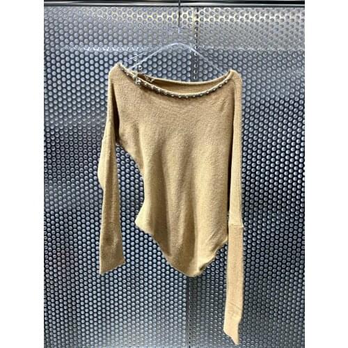 Fashion 2021 new ladies long sleeve sexy casual solid color chain one shoulder top 1119