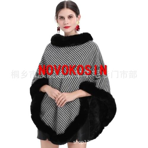 2021 Plus Winter Warm Knitted Faux Rabbit Fur O Neck Houndstooth Cloak Autumn Women Poncho With Velvet Out Street Pullover Coat