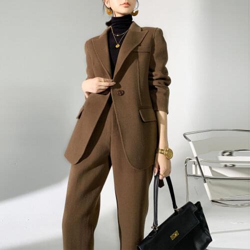 2021 Women Autumn Winter Two Piece Set Office Ladies Work Casual Loose Wool Blazer Clothes Female Plus Size Pants Suits M579