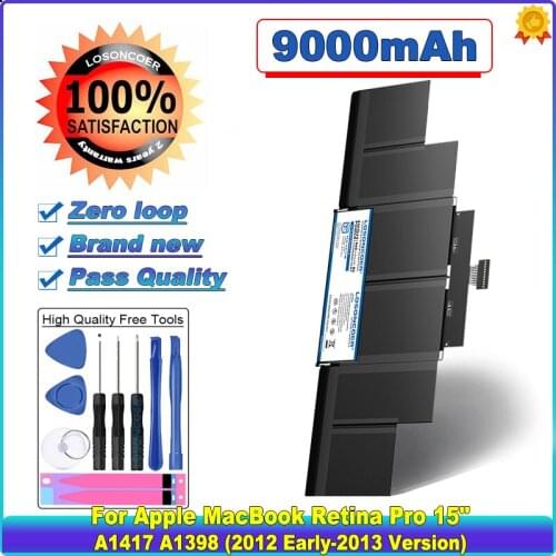 9000mAh A1417 Laptop Battery For Apple A1417 A1398 (2012 Early-2013 Version) for MacBook Retina Pro 15" fits ME665LL/A ME664LL/A