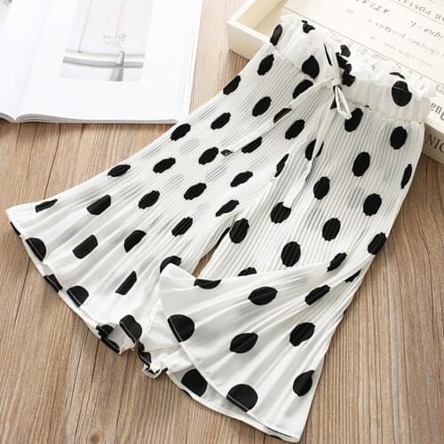 Childrens Pants 2021 Summer New Girls Casual Wide Leg Pants Lace Chiffon Waist Baby Anti-mosquito Casual Pants with Dot Print