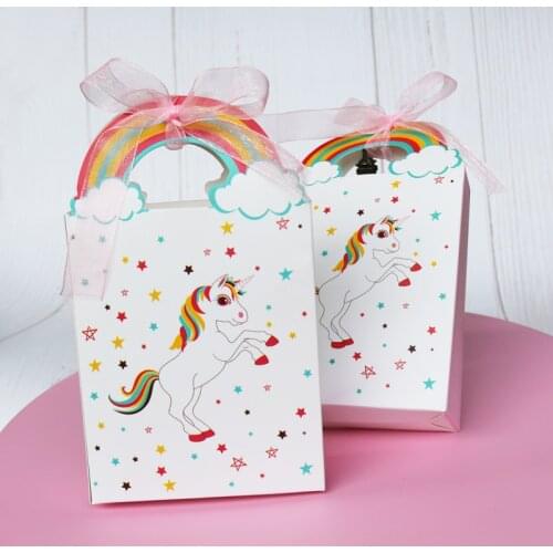 5pcs Unicorn Paper Bag Rainbow Candy Boxes Cookie Chocolate Gift Box Bag Unicorn Party Wedding Birthday Decoration With Ribbon