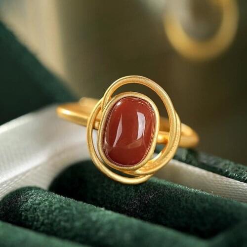 Designer original new natural chalcedony geometric shape retro fashion ladies silver jewelry opening adjustable ring ring