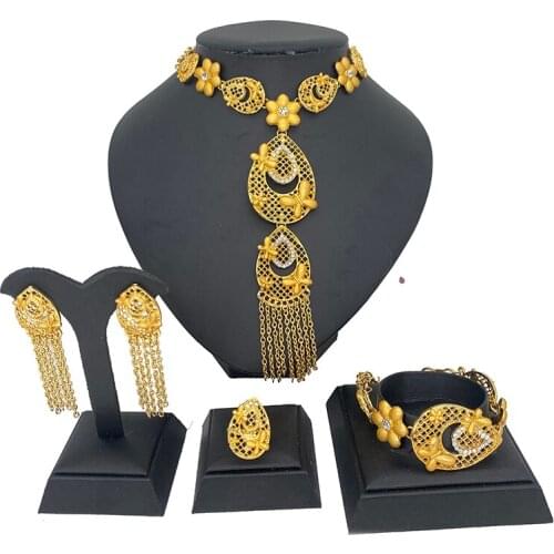 Dubai Jewelery Set Bridal Necklace African Earring Bracelet Set For Women Wedding flower Jewelry Ring