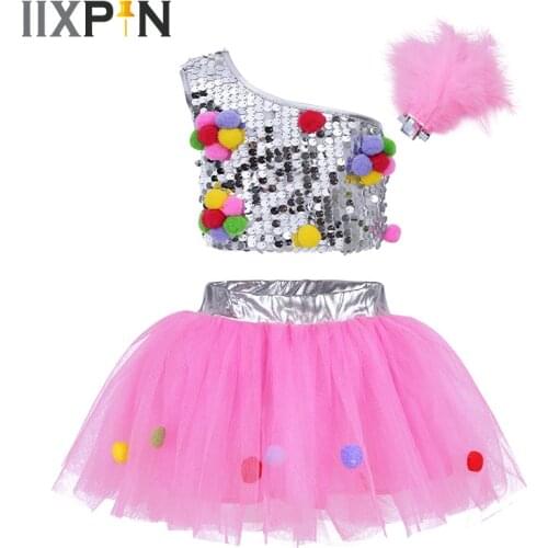 IIXPIN Girls Jazz Dance Dress Outfit One-Shoulder Sequins Crop Top with Mesh Tutu Skirt Hair Clip for Jazz Ballet Ballroom Dance