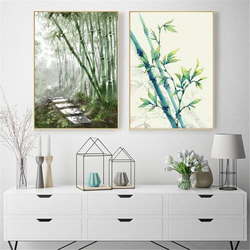 Chinese Bamboo Poster Watercolor Green Plant Canvas Painting Wall Art Picture For Living Room Modern Scandinavian Home Decor