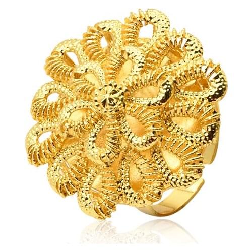 Resizable Ring Ethiopian 24K Gold Filled Big Hollow Flower Rings For Woman African Fashion Wedding Bridal Party Wife Jewelry New