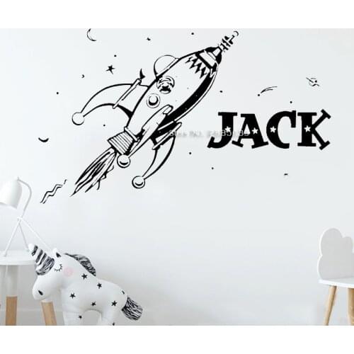 Space Retro Rocket Planets Wall Sticker For Kids Bedroom Decoration Art Vinyl Custom Name Personality Wall Decals Mural LC1715
