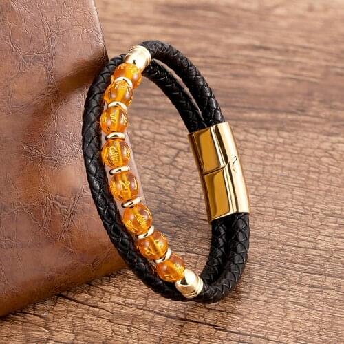 Multilayer Leather Bracelet For Men Fashion Stainless Steel Magnetic Clasp 4 Style Round Beads Bracelets Punk Charm Mens Jewelry