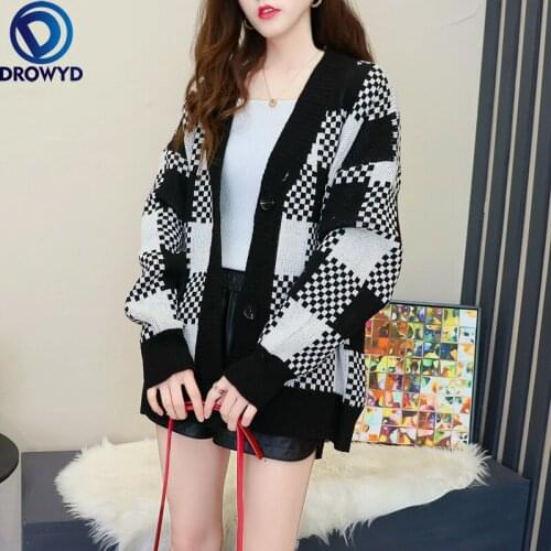 Fashion Black and White Plaid Knitted Sweater Cardigan Jacket Women 2021 New Loose Outer Wear Lazy Wind Single-breasted Jacket