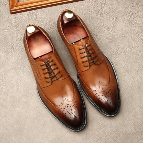 Large Size EUR45 Black / Brown Tan Oxfords Prom Shoes Mens Business Shoes Genuine Leather Wedding Dress Shoes