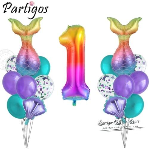 1set mermaid shell 40inch Number balloon set Teal Blue purple ballon set Hawaii Mermaid Party Supplies Birthday Party decoration