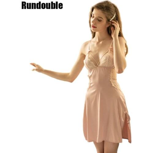 Sexy Nightgown Woman Lingerie Deep V Patchwork Nightdress Women Sheer Scalloped Satin Nightwear Silk Slip Sleepwear Chemises