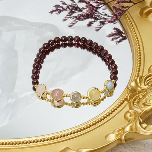 New Simple Natural Aquamarine Moonstone Pink Crystal Strawberry Quartz Garnet Beaded Bracelets for Women Fashion Jewelry YBR539