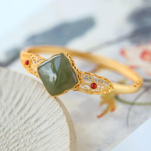 New ancient gold craftsmanship hollow design natural Hetian jade bracelet fashion personality simple ladies silver jewelry