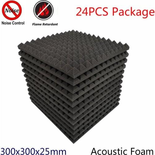 24PCS 300x300x25mm Pyramid Acoustic Foam High Density Flame Retardant Studio Soundproofing Protective Sponge Absorption Panel