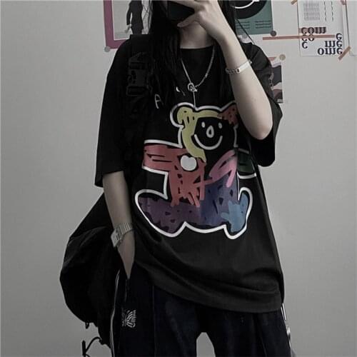 QRWR Womens T Shirt 2021 Summer Korean Fashion Casual O Neck T Shirts Top Cartoon Bear Print Loose Short Sleeves T Shirt