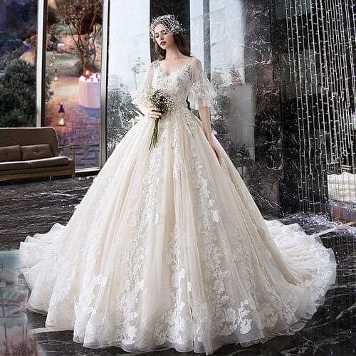Romantic Wedding Dress V-neck Lace Up Back Beading Appliques See Through Illusion White Bridal Gown A Line Alibaba China