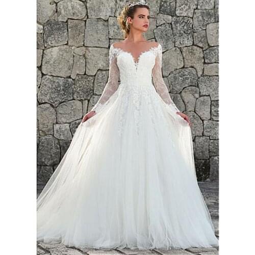 Long Sleeve Luxury Light Wedding Dress Deep V-neck Bridal Dress With Train 2021 Backless A-line Customize Wedding Dress