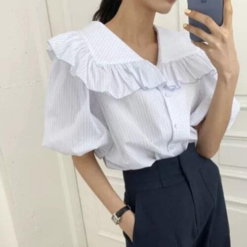 Fashion Puff Sleeve White Stripe T-shirt for Women Summer Casual Short Sleeve Ruffled Tops Chic Female Loose Tshirt 2021 New
