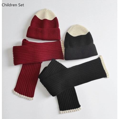 Baby Girls Boy Hat Scarf Set Winter Warm Children Beanie Hat Fashion Patchwork Woolen Yarn Knitted Hats Scarf Kids Two Piece Set