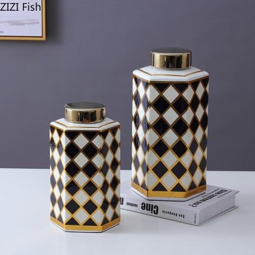 Modern Hexagonal Bottle Black and White Grid Ceramic Jar Piggy Bank Flower Arrangement Storage Jar Living Room Office Decoration