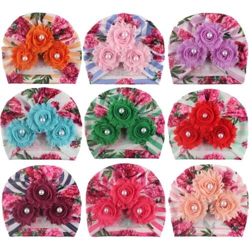 Spring Flower Hat Stripes Flowery Cap Fashional Pearl Headwear For Baby Girl Infant Newborn Hair Bonnet Headband