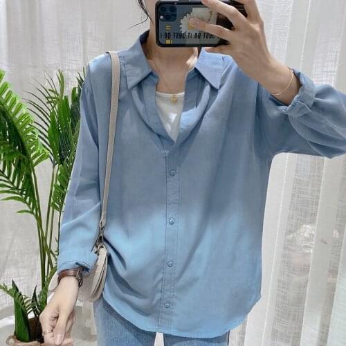 Elegant fake Two Pieces Blue 2020 New Top Spring Summer Shirt For Women b241